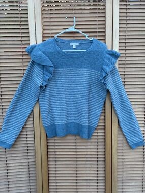LC Lauren Conrad Blue Ruffle-Shoulder Striped Sweater